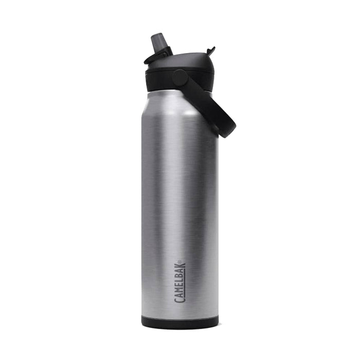 CamelBak - Thrive Flip Straw VSS 1.0L - A drink bottle in silver with a black flip straw lid, featuring a handle and branding.