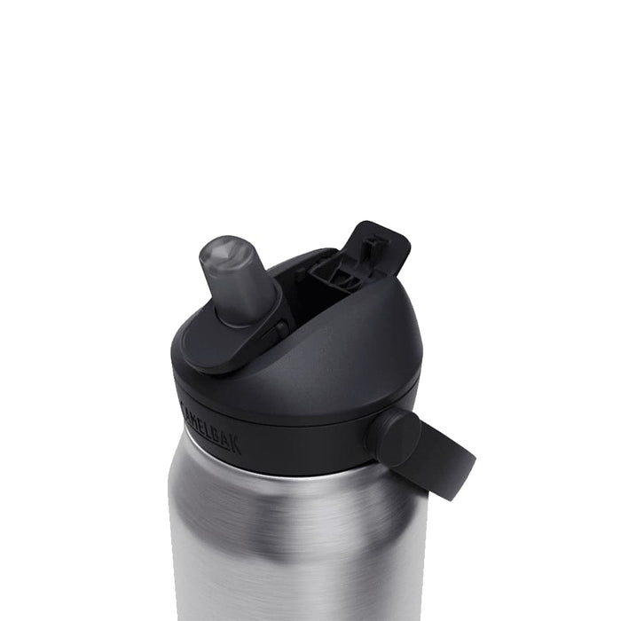 CamelBak - Thrive Flip Straw VSS 1.0L - A drink bottle with a stainless steel body and a black, flip-top straw lid, featuring a logo.