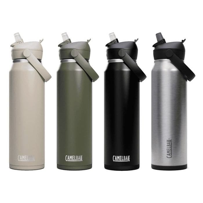 CamelBak - Thrive Flip Straw VSS 1.0L - A drink bottle in four colours: beige, olive green, black, and stainless steel, featuring a flip straw and branding.