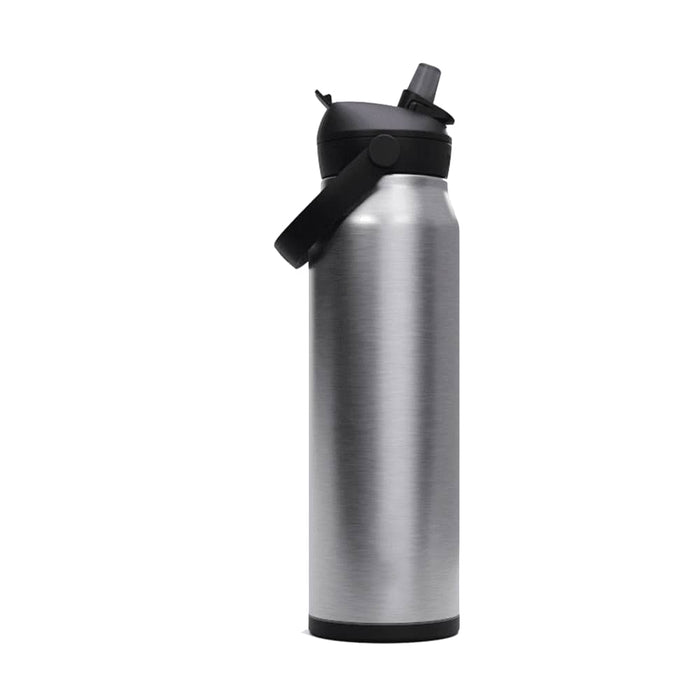 CamelBak - Thrive Flip Straw VSS 1.0L - A drink bottle in a sleek, silver metallic finish, featuring a black flip straw lid and a carrying handle.