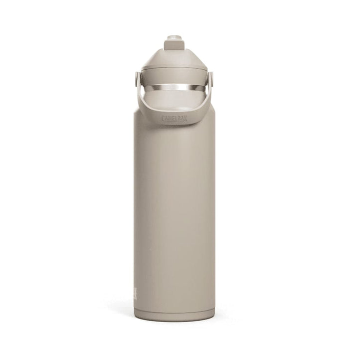 CamelBak - Thrive Flip Straw VSS 1.2L - A drink bottle in a light beige colour with a flip straw and a carrying handle, featuring a logo.