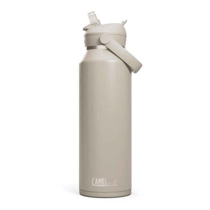 CamelBak - Thrive Flip Straw VSS 1.2L - A drink bottle in a light beige colour with a flip straw and a side handle, featuring a logo.