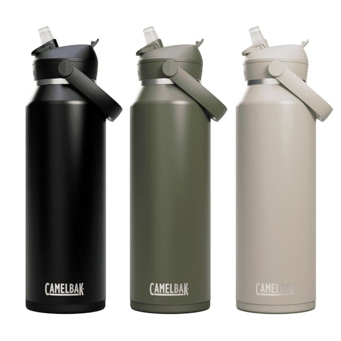 CamelBak - Thrive Flip Straw VSS 1.2L - A drink bottle with a flip straw, available in black, olive green, and beige, featuring a logo.