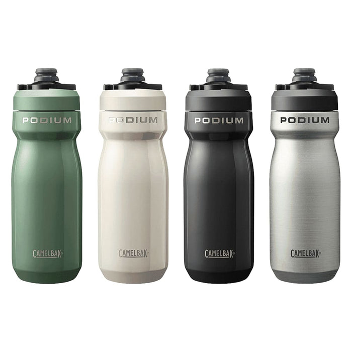 CamelBak - Podium Insulated Steel 0.5L - A drink bottle collection featuring insulated stainless steel in green, cream, black, and silver, each with a logo.