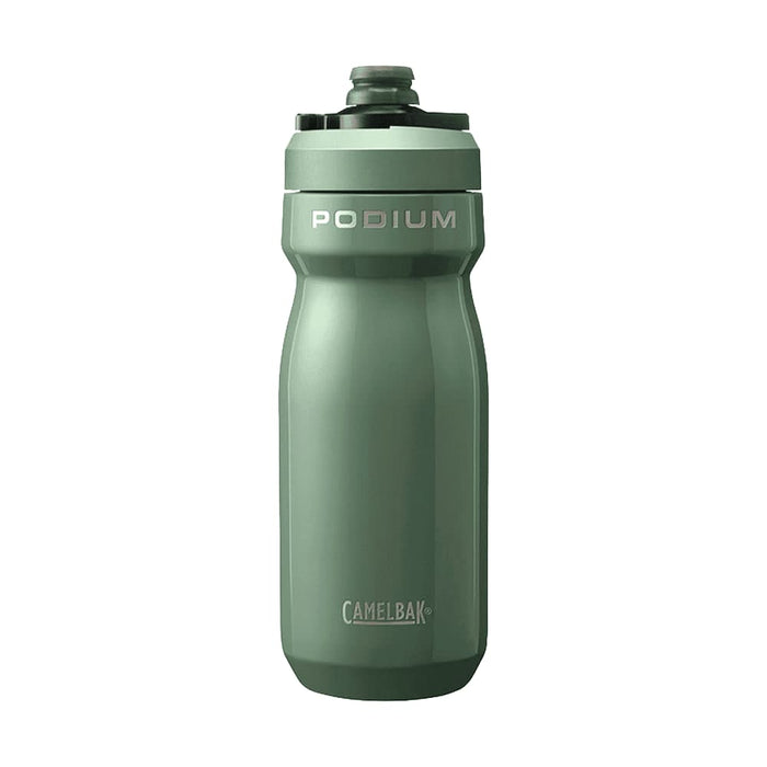 CamelBak - Podium Insulated Steel 0.5L - A drink bottle in a muted green colour, featuring a textured body and a screw-on cap, along with a logo.