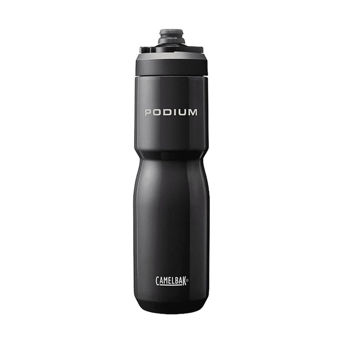 CamelBak - Podium Insulated Steel 0.65L - A drink bottle in black, featuring a screw-top lid and a brand logo, designed for insulation.