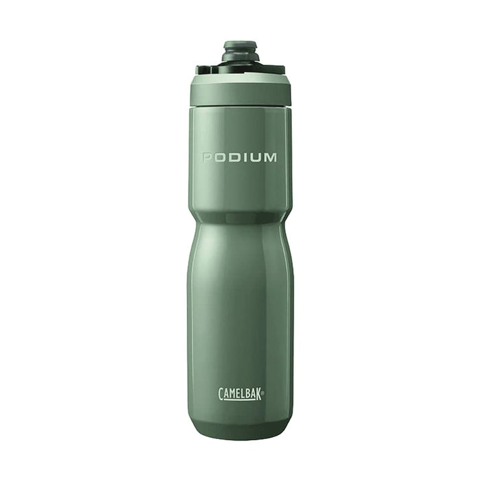 CamelBak - Podium Insulated Steel 0.65L - A drink bottle in a muted green colour, featuring a sleek design and a logo. It has a screw-on lid and a spout.