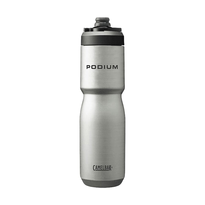 CamelBak - Podium Insulated Steel 0.65L - A drink bottle in silver stainless steel with a black and grey lid, featuring a logo on the body.