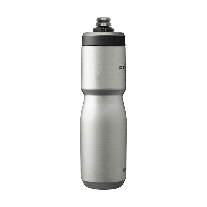 CamelBak - Podium Insulated Steel 0.65L - A drink bottle in polished silver stainless steel, featuring a black lid and a branding logo.