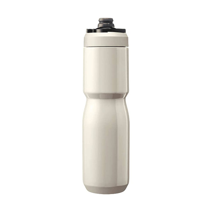 CamelBak - Podium Insulated Steel 0.65L - A drink bottle in a light cream colour with a sleek, insulated design and a black cap. It features a brand logo.