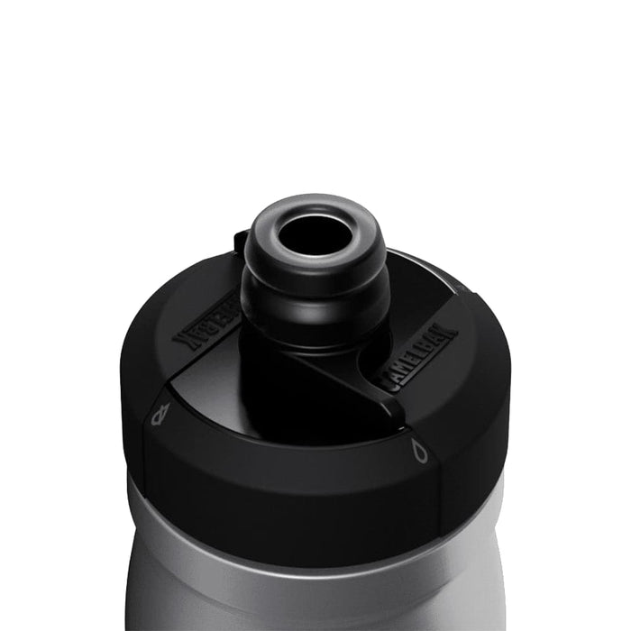 CamelBak - Podium Insulated Steel 0.35L - A drink bottle with a stainless steel body and a black, spill-proof cap, featuring a logo.