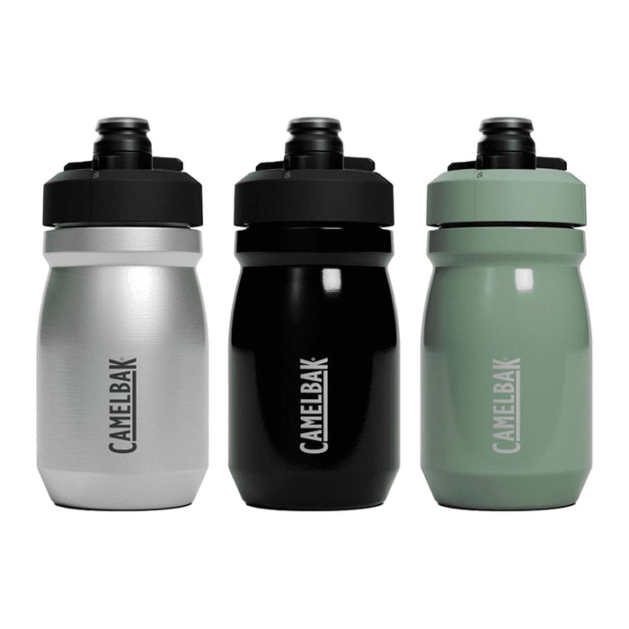 CamelBak - Podium Insulated Steel 0.35L - A drink bottle in silver, black, and green with a secure lid and a branding logo.