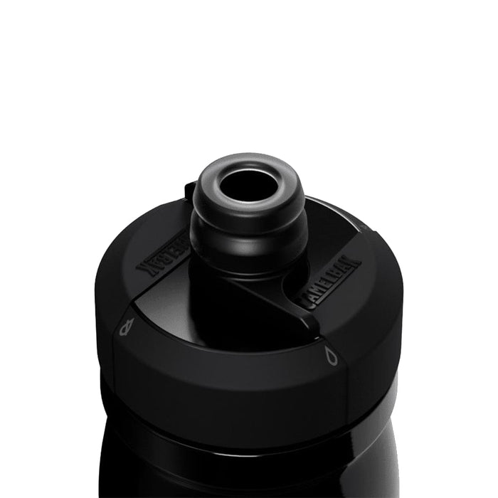 CamelBak - Podium Insulated Steel 0.35L - A drink bottle with a black insulated steel body and a black spout cap, featuring a logo on the side.