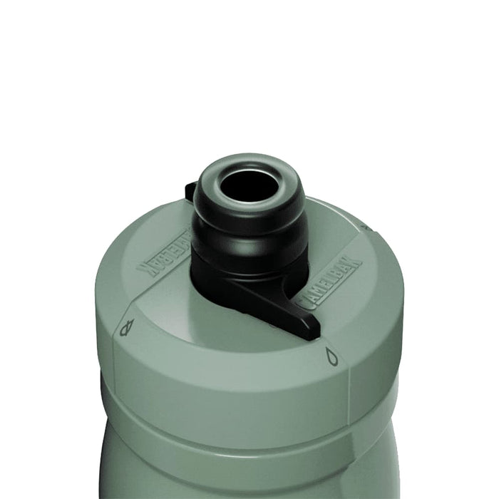 CamelBak - Podium Insulated Steel 0.35L - A drink bottle in muted green with a black top and a features an attached spout. It has a logo.