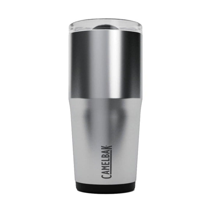 CamelBak - Thrive Tumbler VSS 0.6L - A drink bottle in silver and black, featuring a clear lid and a logo on the side.