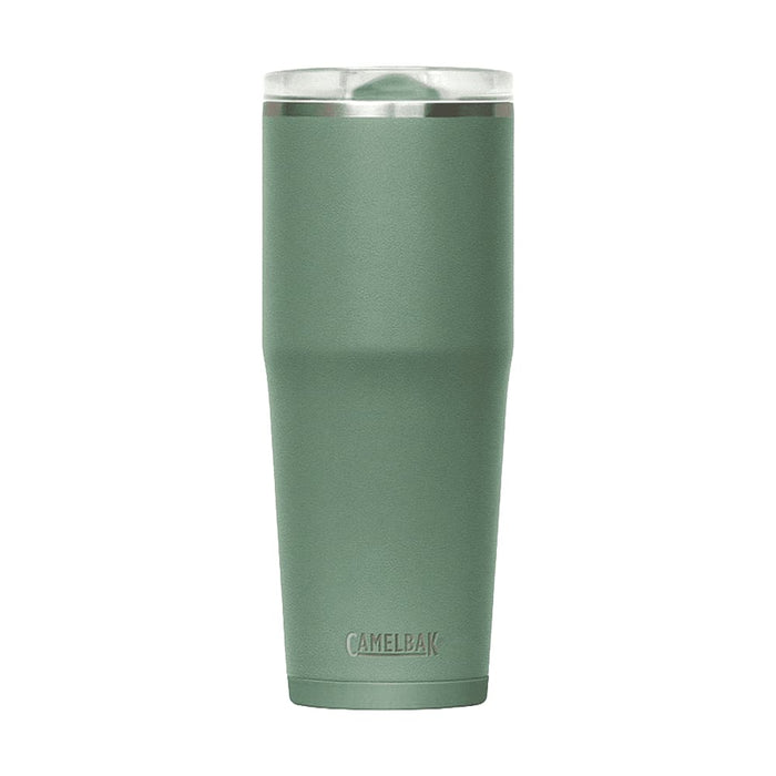 CamelBak - Thrive Tumbler VSS 0.6L - A drink bottle in a muted green colour with a stainless steel finish and a transparent lid, featuring a logo.