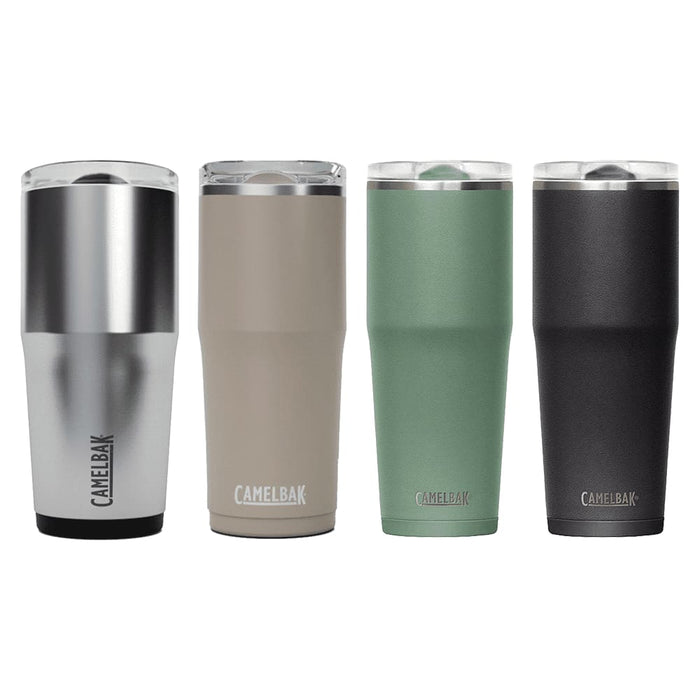 CamelBak - Thrive Tumbler VSS 0.9L - A drink bottle set featuring four tumblers in silver, beige, green, and black, each with a logo.