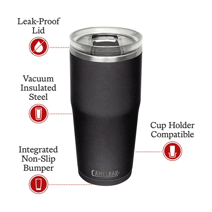 CamelBak - Thrive Tumbler VSS 0.9L - A drink bottle with a vacuum-insulated, black body; features a clear lid and includes a branding logo.