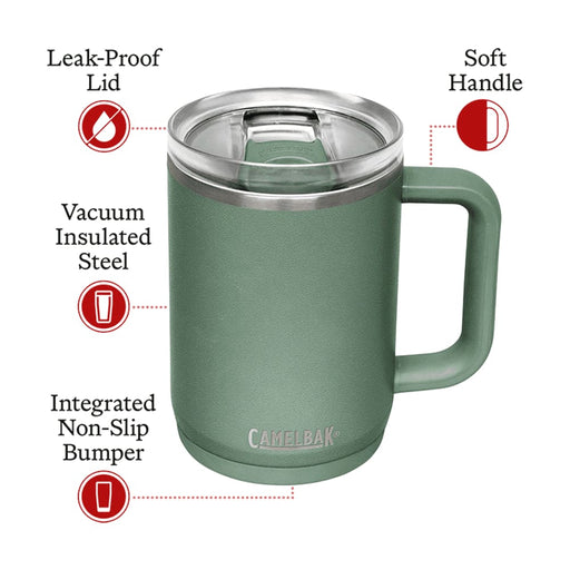 CamelBak - Thrive Mug VSS 0.5L - A drink bottle in green featuring a leak-proof lid, soft handle, and vacuum insulated stainless steel design.