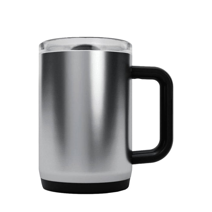 CamelBak - Thrive Mug VSS 0.5L - A drink bottle with a stainless steel body, a black handle, and a transparent lid.