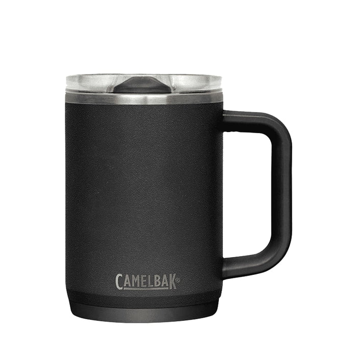 CamelBak - Thrive Mug VSS 0.5L - A drink bottle in matte black with a handle and a transparent lid, featuring a logo.
