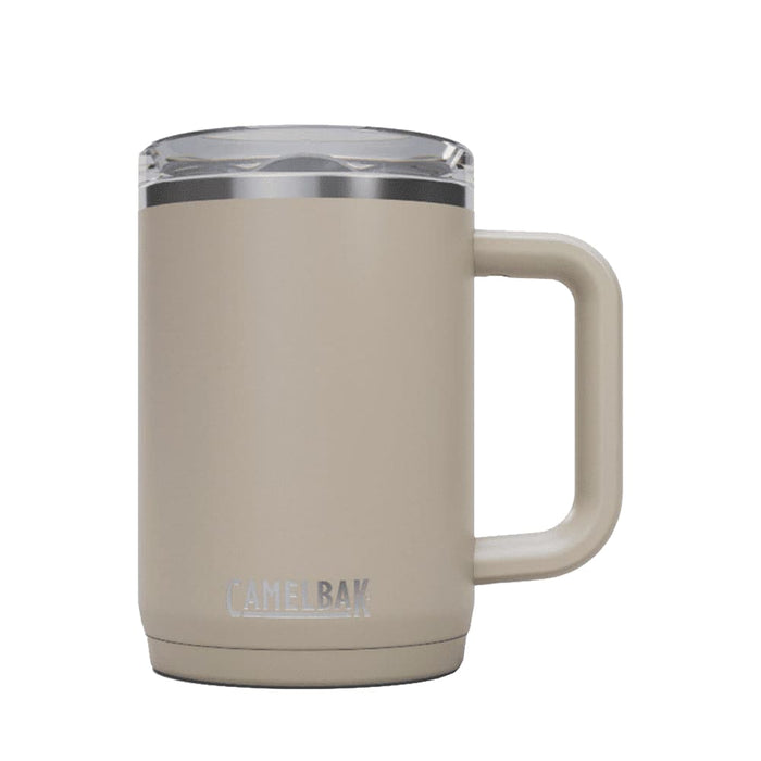 CamelBak - Thrive Mug VSS 0.5L - A drink bottle in a matte beige colour with a clear lid, featuring a sturdy handle and a logo.