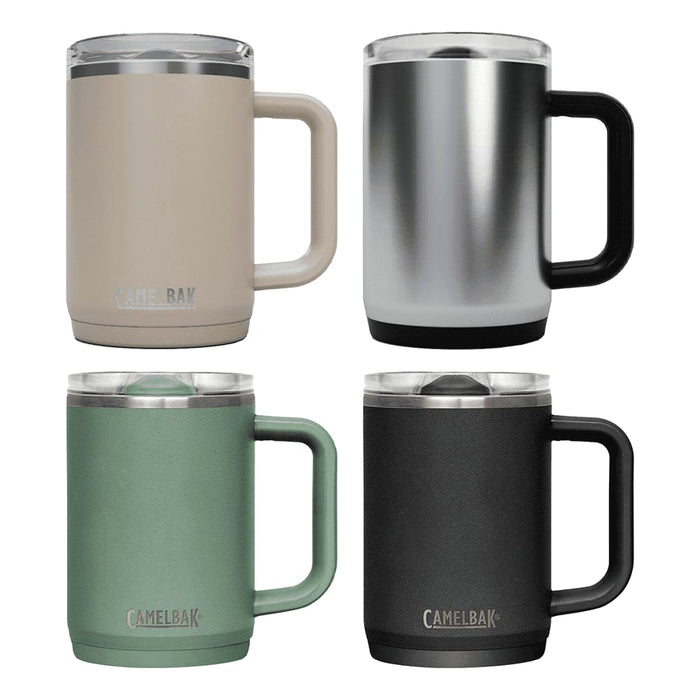 CamelBak - Thrive Mug VSS 0.5L - A drink bottle collection featuring a beige, silver, green, and black travel mug, each with a handle and a lid.