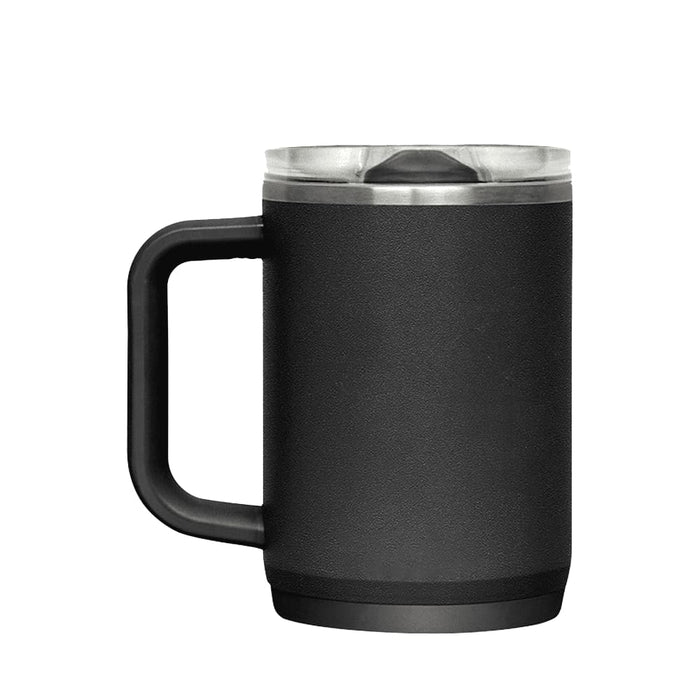 CamelBak - Thrive Mug VSS 0.5L - A drink bottle with a black exterior, featuring a handle and a transparent lid. It has a logo on it.