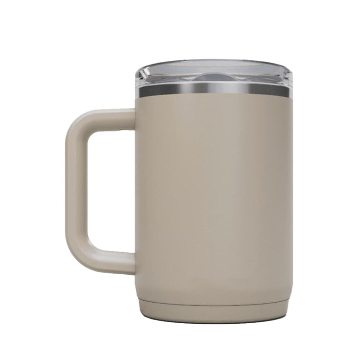 CamelBak - Thrive Mug VSS 0.5L - A drink bottle in a beige tone with a transparent lid and a sturdy handle, featuring a logo.