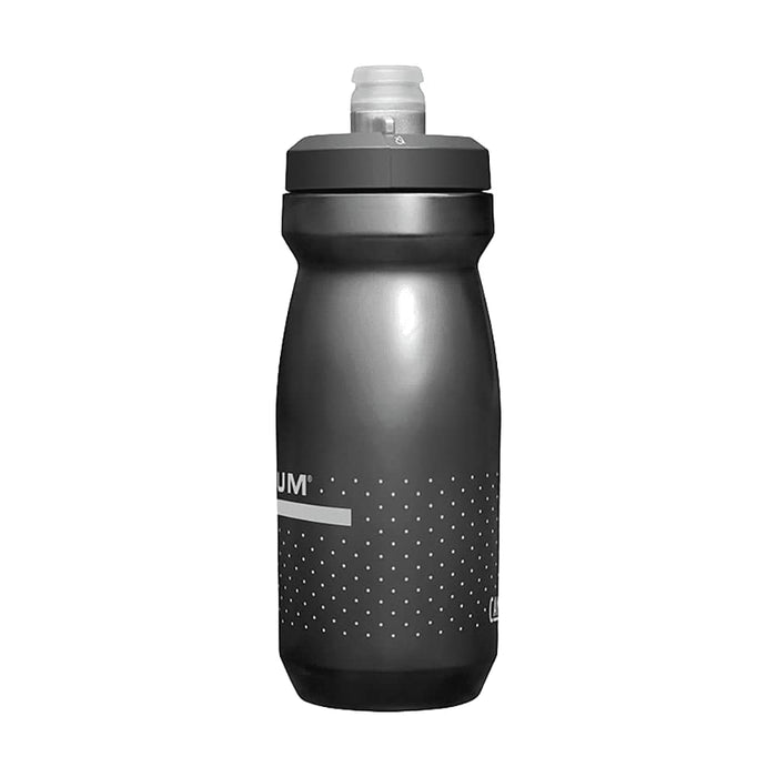 CamelBak Podium Bike Bottle 0.6L - Retail Colours - A drink bottle in matte black with a grey cap and dotted pattern, featuring a logo. Holds 0.6L of liquid.