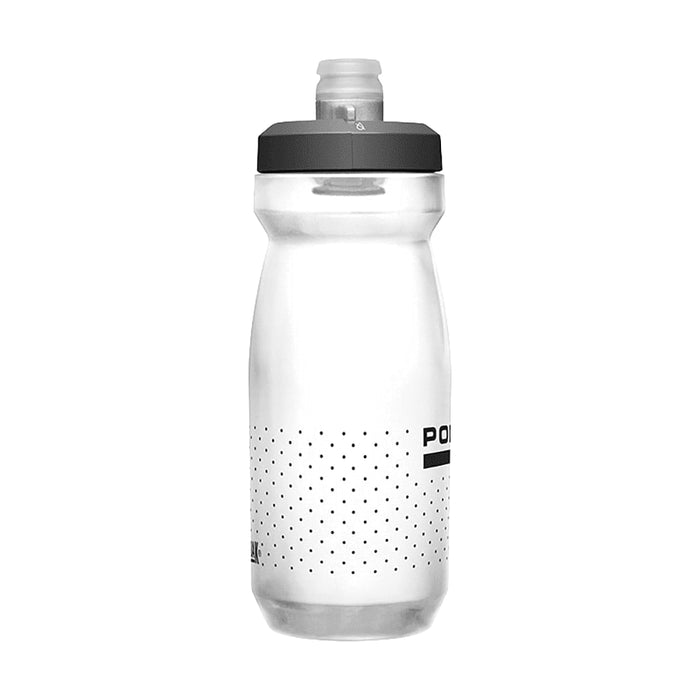 CamelBak Podium Bike Bottle 0.6L - Retail Colours - A drink bottle with a clear body, grey cap, and dotted design, featuring a logo on the side.