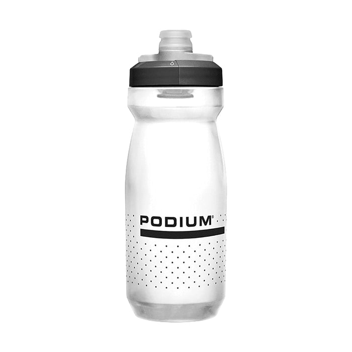 CamelBak Podium Bike Bottle 0.6L - Retail Colours - A drink bottle featuring a clear body with a black cap and a black logo, designed for hydration.