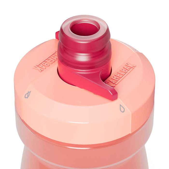 CamelBak Podium Bike Bottle 0.6L - Retail Colours - A drink bottle in gradient shades of pink with a red spout and a logo on the cap.