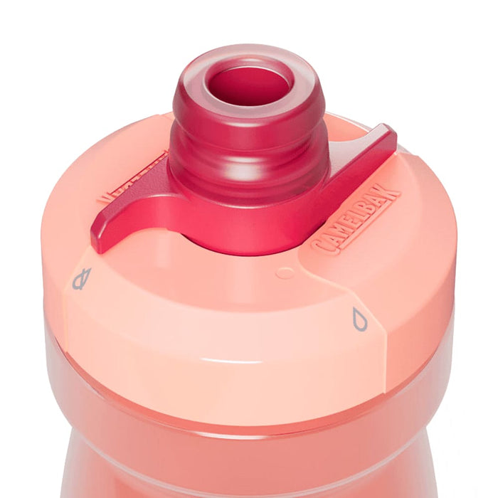 CamelBak Podium Bike Bottle 0.6L - Retail Colours - A drink bottle in shades of pink with a red spout and cap, featuring a logo.