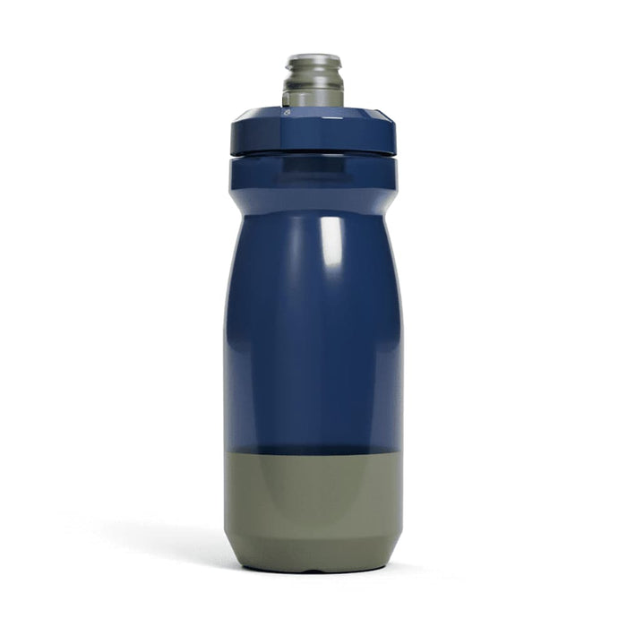 CamelBak Podium Bike Bottle 0.6L - Retail Colours - A drink bottle in navy blue and olive green with a screw top and logo.