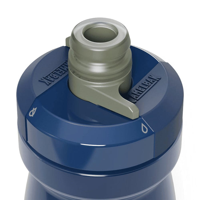 CamelBak Podium Bike Bottle 0.6L - Retail Colours - A drink bottle in navy blue with a grey cap and spout, featuring a logo on the lid.