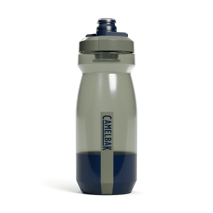 CamelBak Podium Bike Bottle 0.6L - Retail Colours - A drink bottle in grey and navy, featuring a logo and a twist-off lid for easy access.