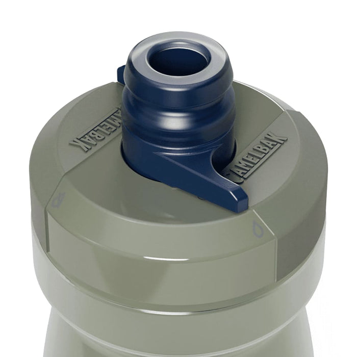 CamelBak Podium Bike Bottle 0.6L - Retail Colours - A drink bottle in olive green with a grey cap and a blue spout, featuring a brand logo on the side.