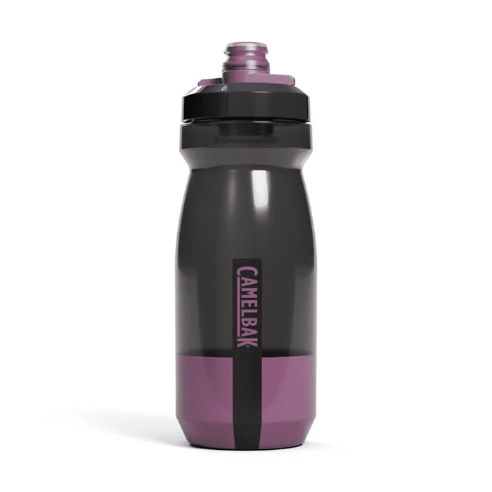 CamelBak Podium Bike Bottle 0.6L - Retail Colours - A drink bottle featuring a dark grey body with a purple base and a black lid, including a logo.