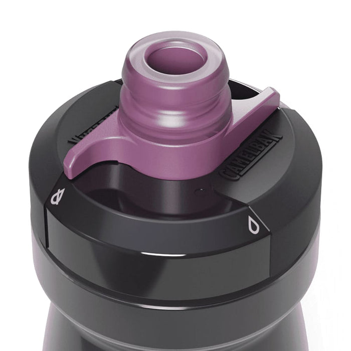 CamelBak Podium Bike Bottle 0.6L - Retail Colours - A drink bottle with a black body and a purple cap, featuring a twist-top and a logo.