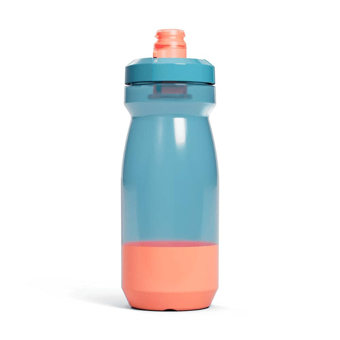 CamelBak Podium Bike Bottle 0.6L - Retail Colours - A drink bottle featuring a transparent blue body with a coral base and a screw-on lid. It has a logo on it.