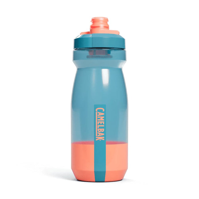 CamelBak Podium Bike Bottle 0.6L - Retail Colours - A drink bottle featuring a blue and coral design, with a twist-off lid and a logo.