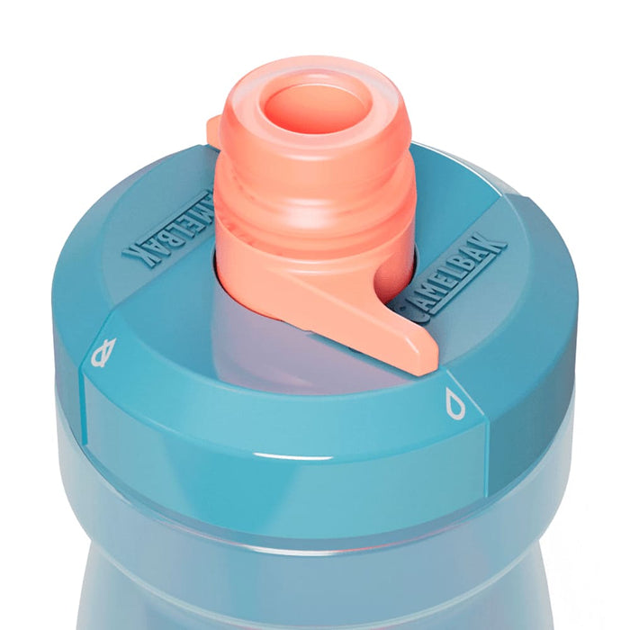 CamelBak Podium Bike Bottle 0.6L - Retail Colours - A drink bottle with a pink nozzle and a blue body, featuring a lid with a logo.