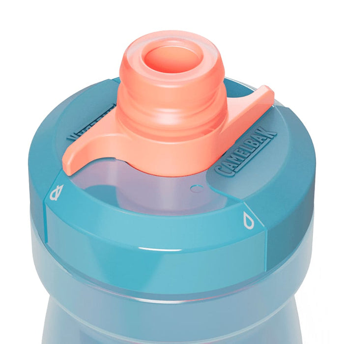 CamelBak Podium Bike Bottle 0.6L - Retail Colours - A drink bottle in teal with a pink cap and a spout, featuring a logo on the side.