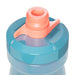 CamelBak Podium Bike Bottle 0.6L - Retail Colours - A drink bottle in teal with a pink cap and a spout, featuring a logo on the side.