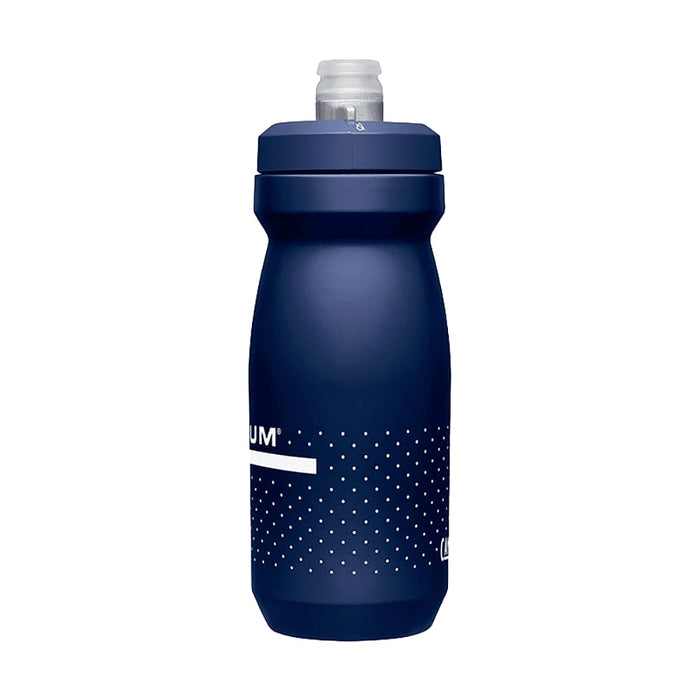 CamelBak Podium Bike Bottle 0.6L - Retail Colours - A drink bottle in navy blue with a textured design and a removable spout. It features a logo on the side.
