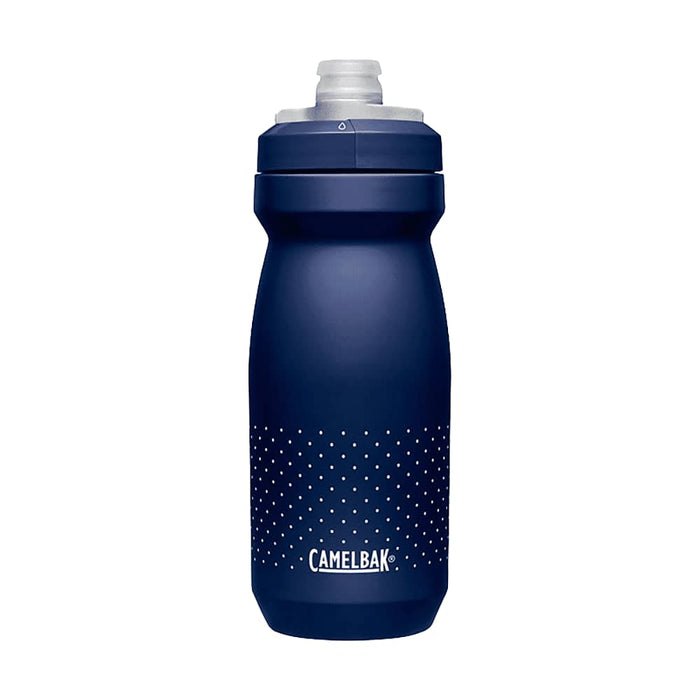 CamelBak Podium Bike Bottle 0.6L - Retail Colours - A drink bottle in navy blue with a textured grip and a spout lid, featuring a logo.