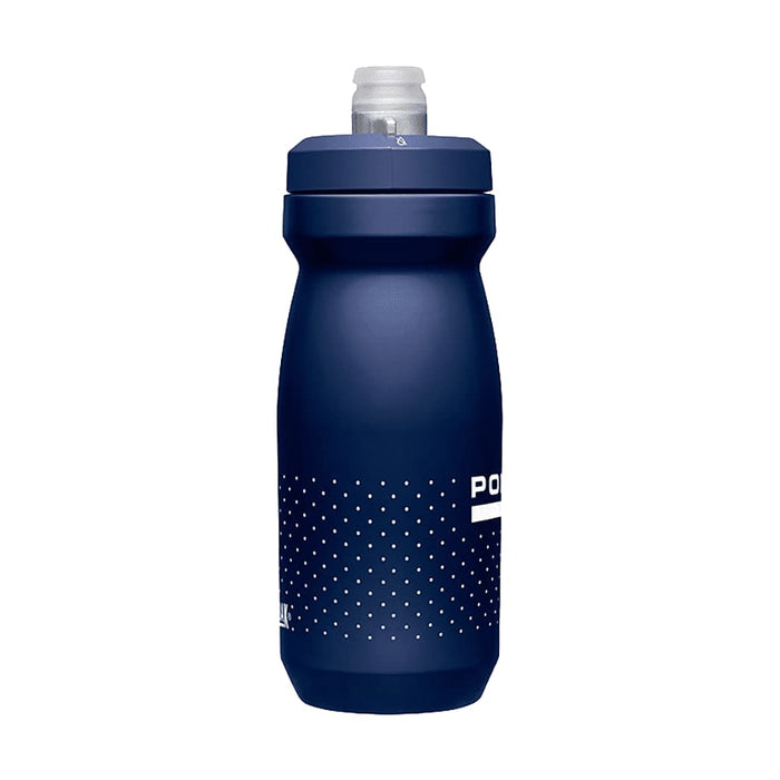 CamelBak Podium Bike Bottle 0.6L - Retail Colours - A drink bottle in navy blue with a textured design and a spout, featuring a logo on the side.