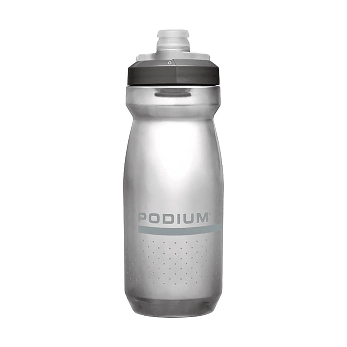 CamelBak Podium Bike Bottle 0.6L - Retail Colours - A drink bottle in clear and grey, featuring a wide mouth and a sports cap, with a logo on its side.