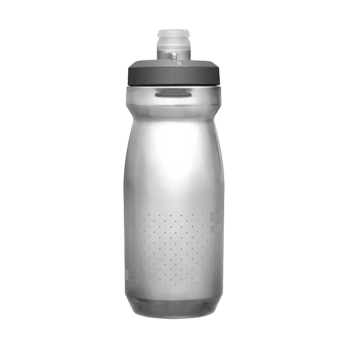 CamelBak Podium Bike Bottle 0.6L - Retail Colours - A drink bottle with a translucent silver body and a grey cap, featuring a logo.